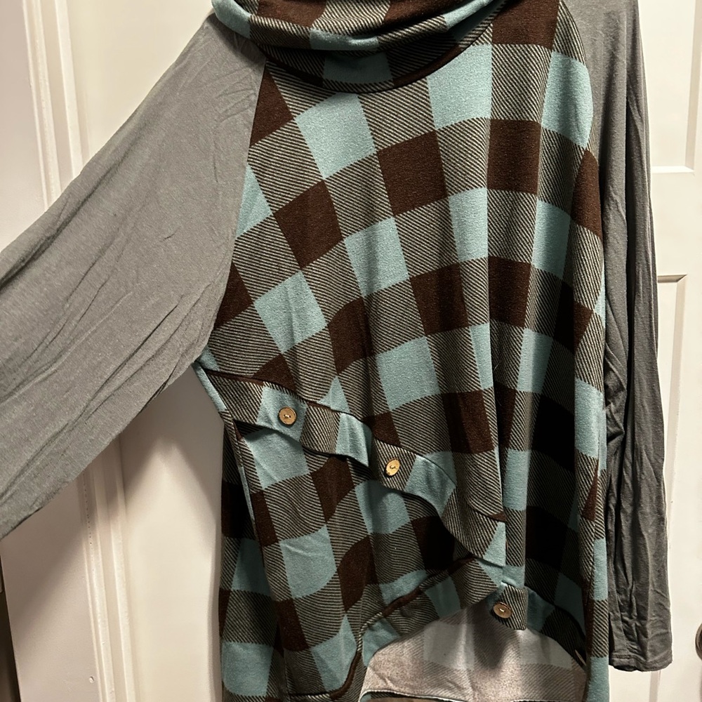 Celeste Brown and Blue Plaid Cowl Neck Top